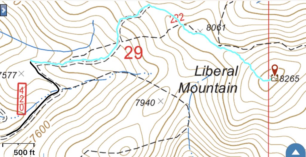 My GPS track from the recommended parking spot. The summit is a 1.0 miles and 552 feet climb from this point.