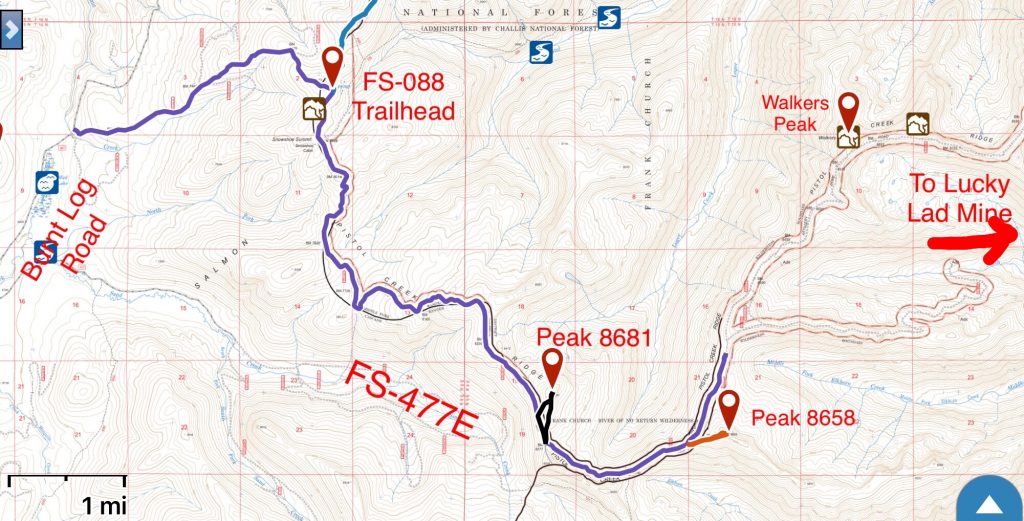 This map covers my GPS track for the first 10.5 miles. During this stretch the road gained 2,307 feet and lost 971 feet. 