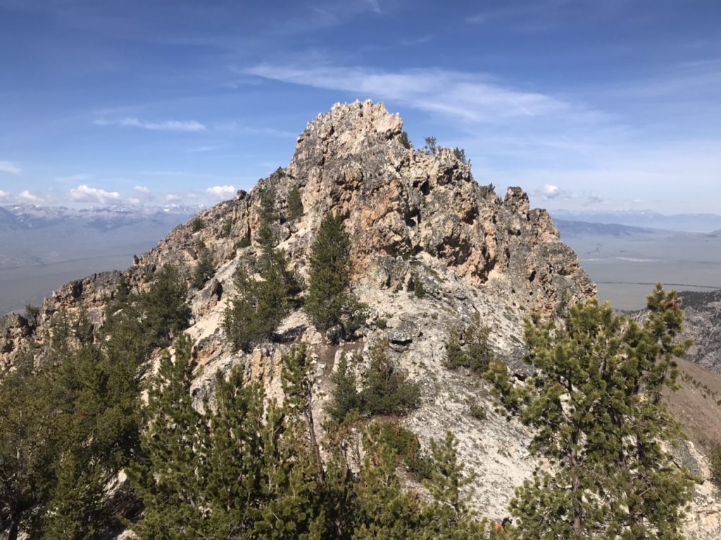 This tower, viewed from the east, blocks the west ridge at roughly 10,300 feet of elevation. It is most easily bypassed on its south side.