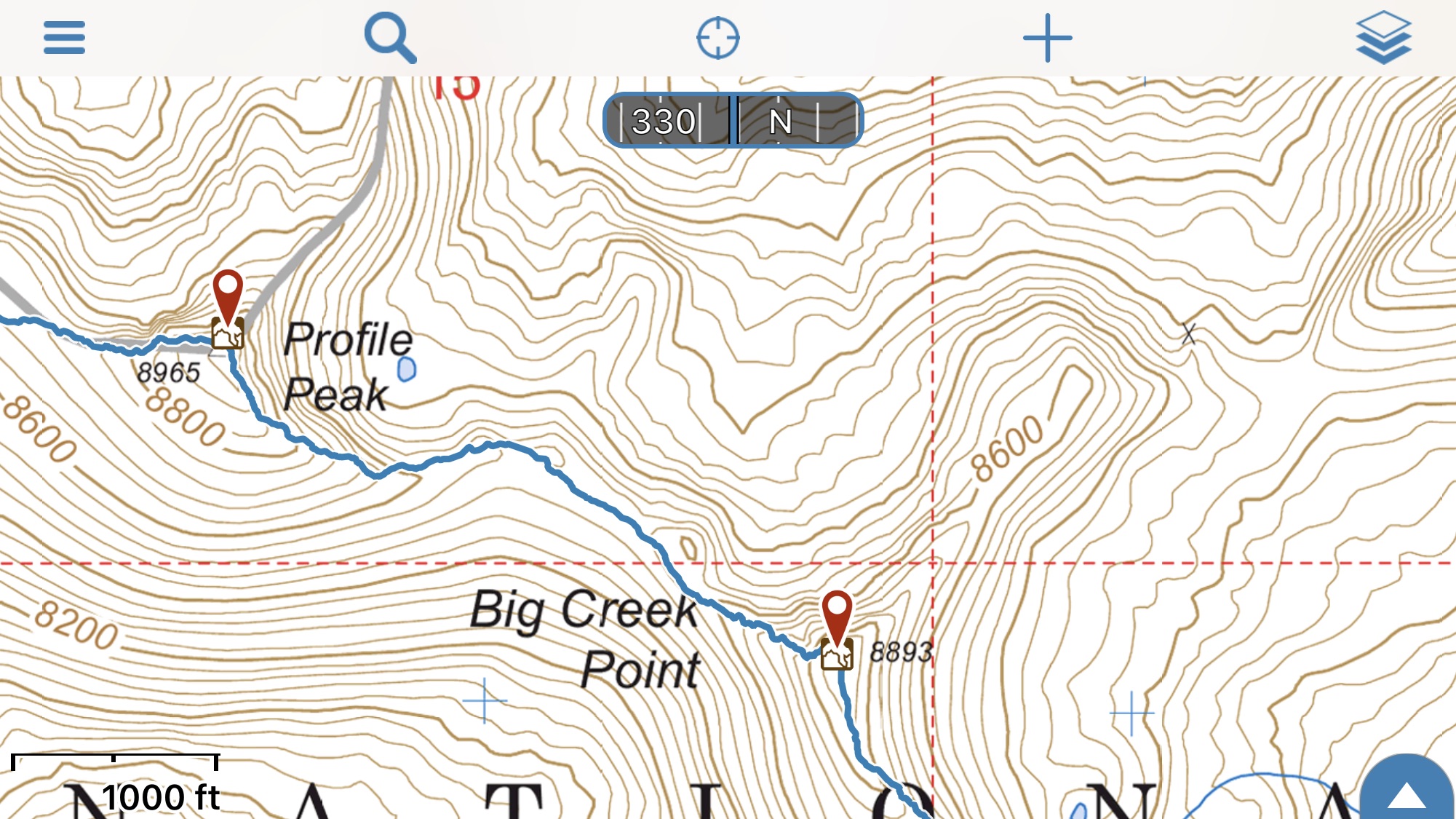 GPS track for tje Big Creek Point/Profile Peak Traverse.