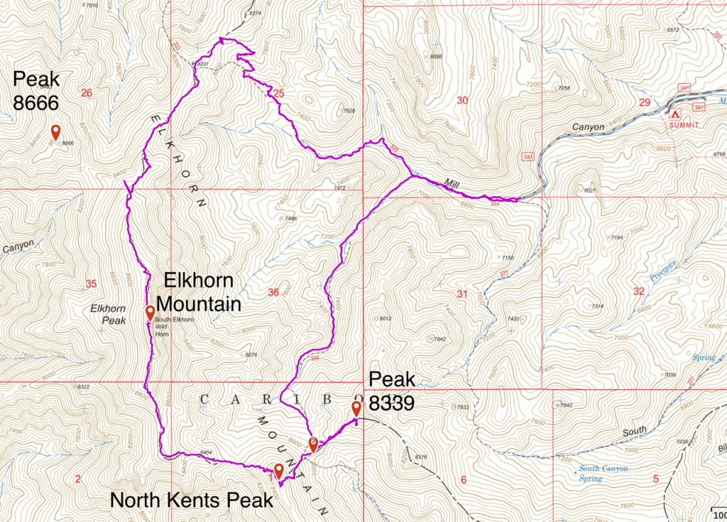 My GPS track for the loop hike plus Peak 8339. This route covered 9.8 miles and 3,020 feet of ascent.