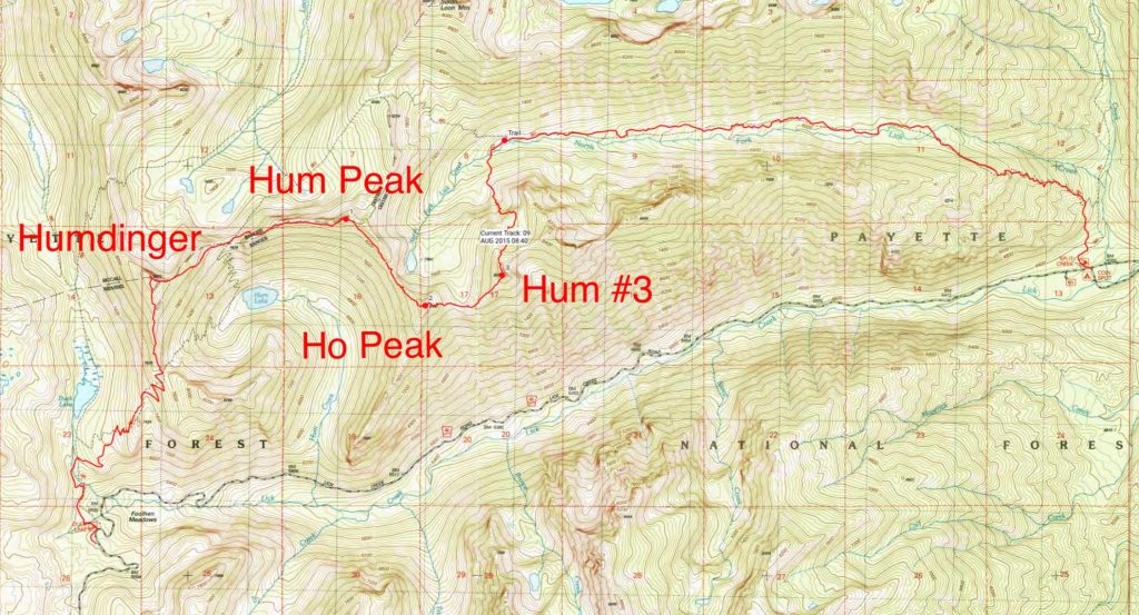 The GPS track for John Platt and John Fadgen’s 2015 traverse of four of the six Hum Ridge peaks. Their route covered 15 miles with 4,700 of gain and even more elevation loss.