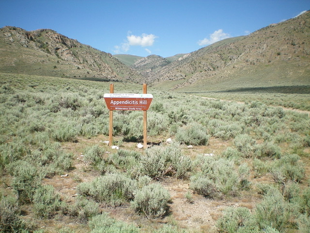 The BLM sign at the mouth of Rocky Canyon and the starting point for a climb of Peak 8319 and Appendicitis Hill. Livingston Douglas Photo