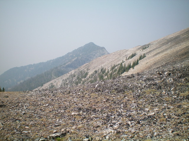 The first look at distance Peak 9233, from the Ajax Peak/Don Moore Peak saddle. The real work now begins. Livingston Douglas Photo 