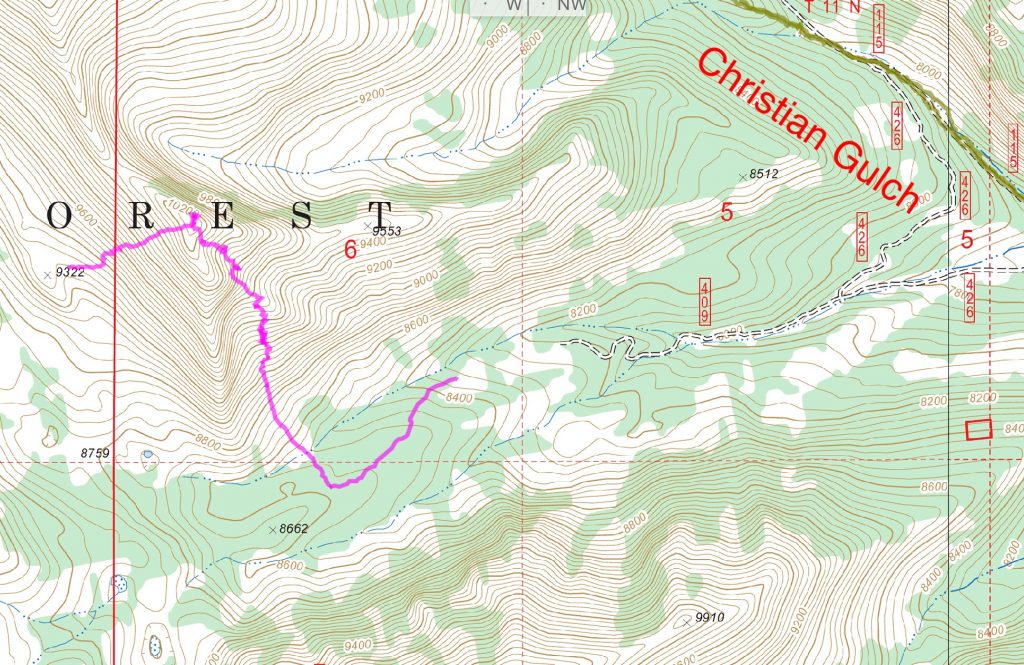 Derek’s GPS track. Note that the map does not show all the roads in Christian Gulch.