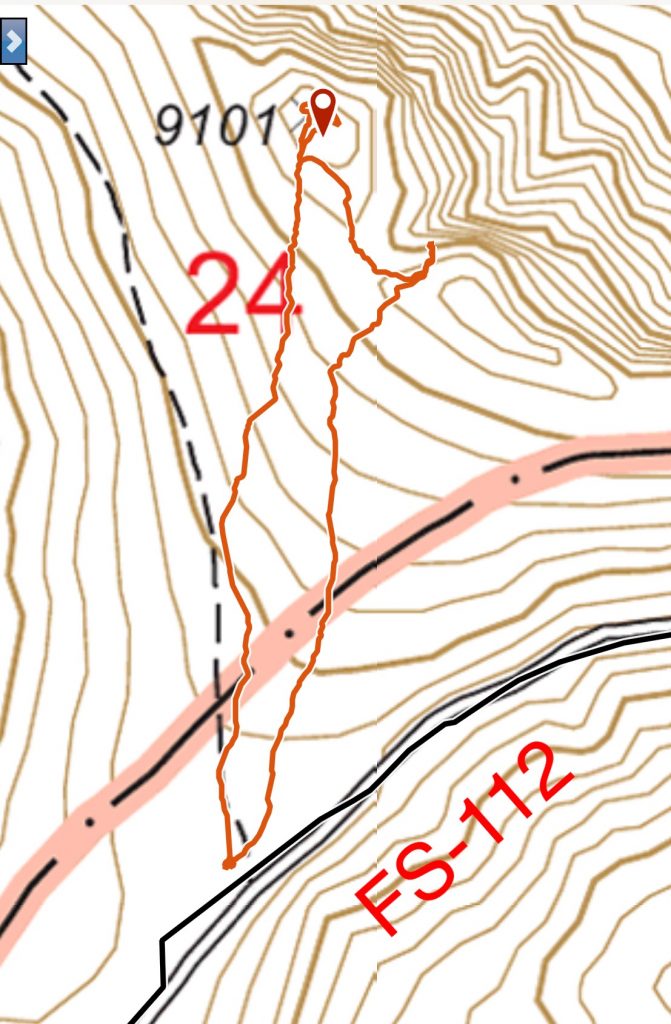 My GPS track. I think the device had a nervous breakdown since I actually walked over to the lower eastern summit. 