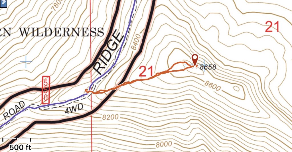 My GPS track for the southwest ridge. This route covered 0.8 miles with 300 feet of gain round trip.