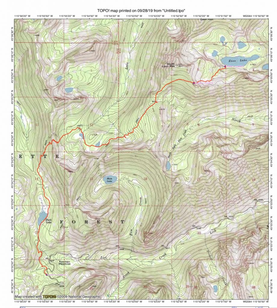 John Platt’s GPS track from the Duck Lake Trailhead to Enos Lake. The route covered 7.9 miles with 3,250 of elevation gain.