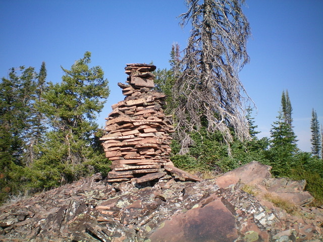  A very tall, dinner-plate shale cairn on Red Ridge between Point 8648 and Red Benchmark. Livingston Douglas Photo 