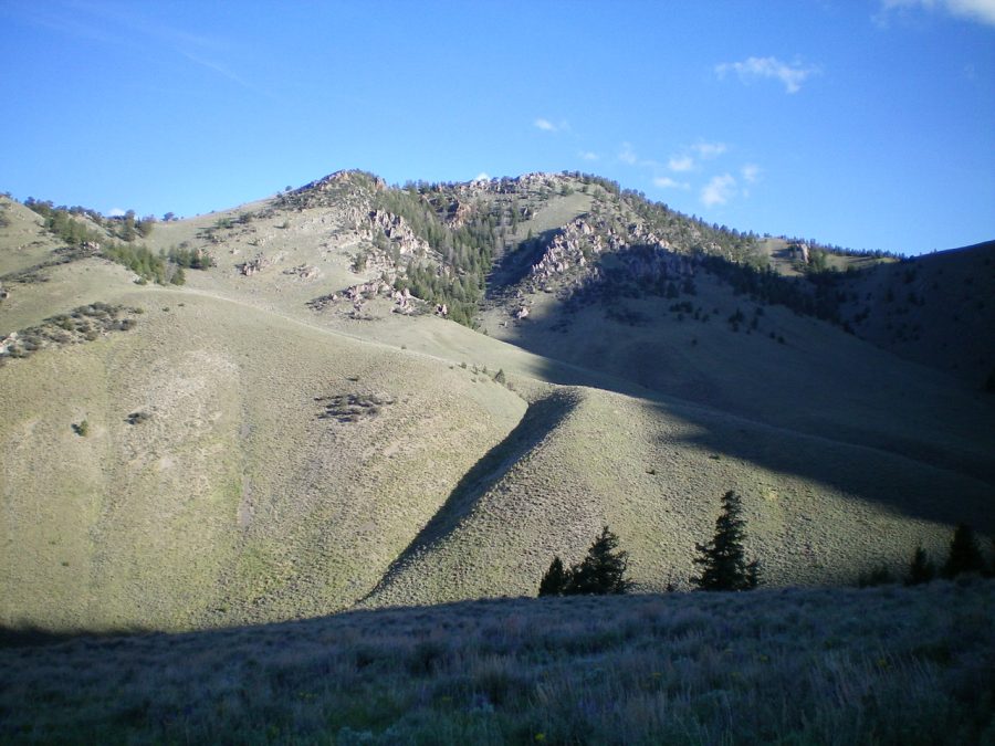 Peak 8923 (summit is in dead center) as viewed from a hillside to its Southeast. The left skyline is the upper half of the South Ridge. Livingston Douglas Photo