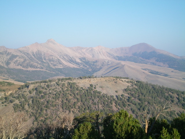 Eighteenmile Peak (sharp peak left of center) and Cottonwood Benchmark (gentle hump right of center) as viewed from the southeast on an early August morning in Montana. Livingston Douglas Photo 
