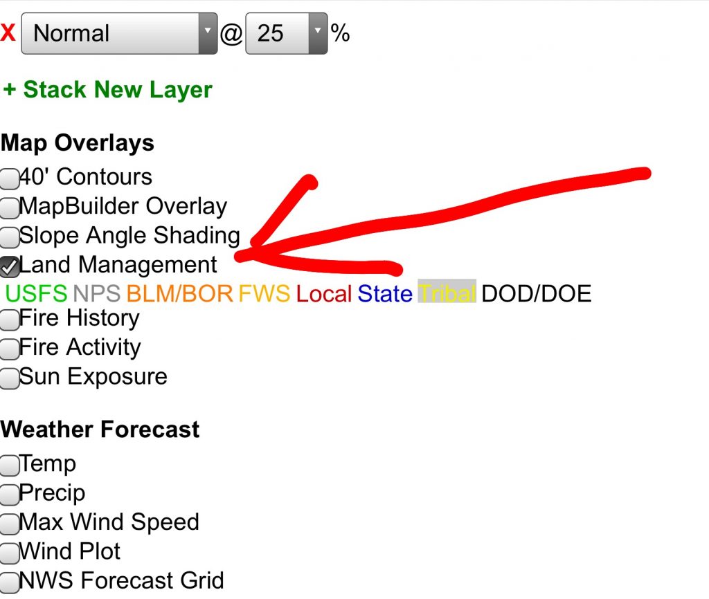 Finally, below the drop box on the layer page there are other options you can add to your map. The land management layer is perhaps the most important as it will add a layer showing you public and private land.