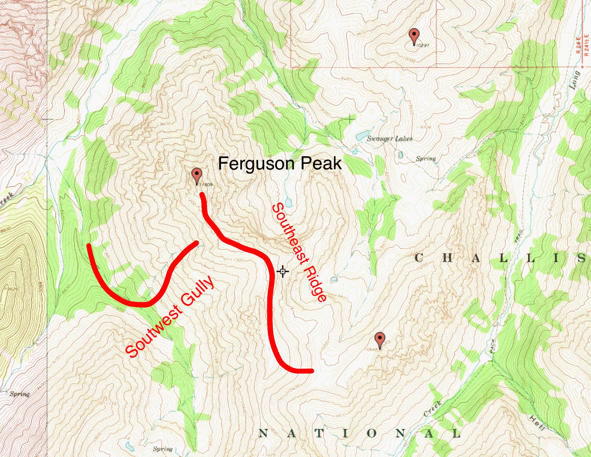 The two ascent routes in the book are shown on this map.