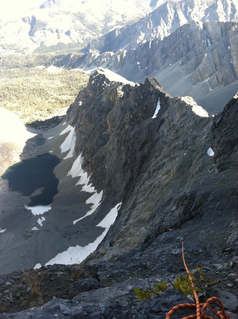 Looking down the East Ridge of Mount Borah. This ridge rises abruptly between the drainages of the East Face of Mount Borah and the North Face of Mount Sacajawea. Photo by Wes Collins