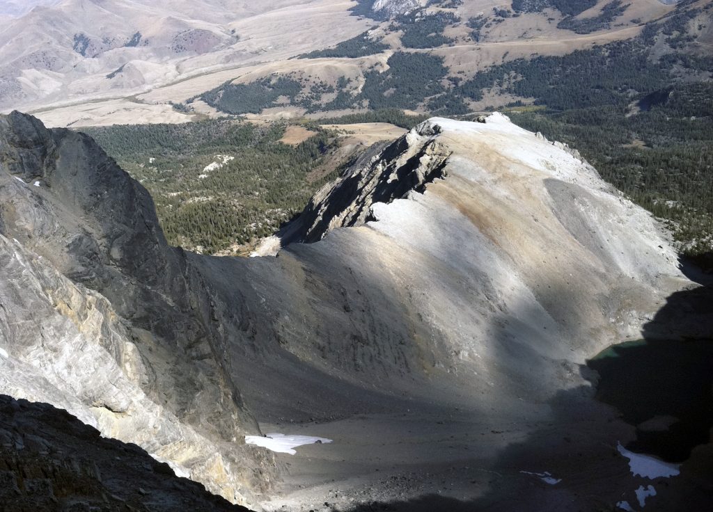 Looking down the Super Buttress and the upper East Ridge. This ridge forms the boundary between the East Ridge and upper East Face and intersects the Northeast Ridge below the summit of Mount Borah. Photo by Wes Collins