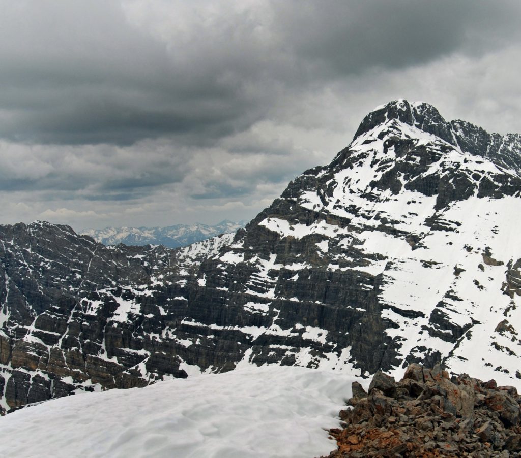 The Upper East Face of Mount Borah. This face ends on the Northeast Ridge and does not lead directly to the summit. Access to this face is from the Rock Creek drainage on the east (Pahsimeroi) side of the mountain Photo by Margo Mandella.