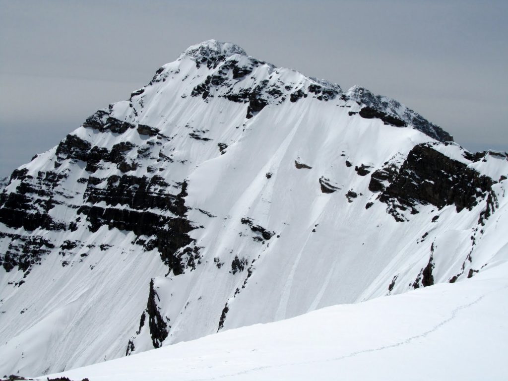 The upper East Face of Mount Borah. The Upper East Ridge is on the left and the Northeast Ridge, right foreground. The Northwest Ridge and summit are just visible in the back. Photo by John Platt