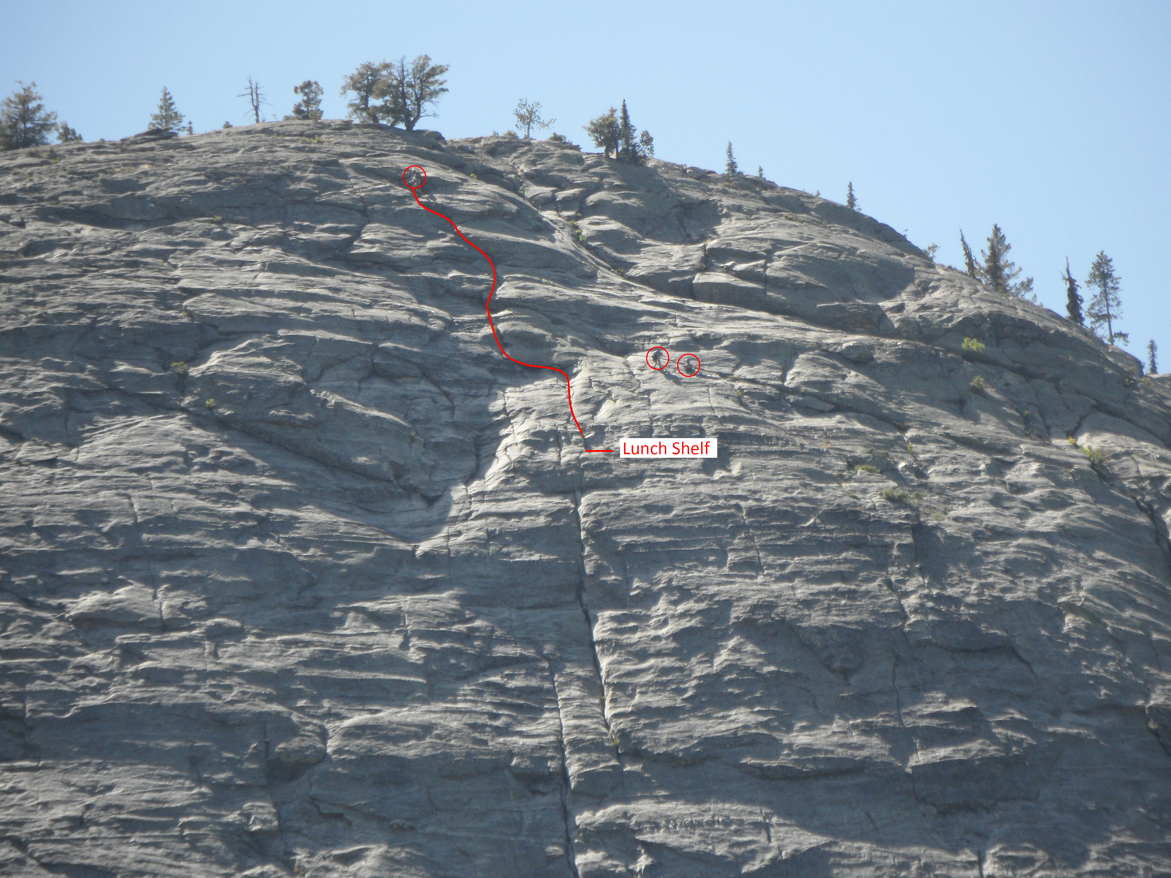 There seems to be some confusion about how to finish. I’ve done multiple exits from the Lunch Shelf, but this is my standard path. The two climbers to the side are finishing Memorial, the bolted route. I also labelled the Lunch Shelf, which is not easy to see even from this perspective. John Platt Photo