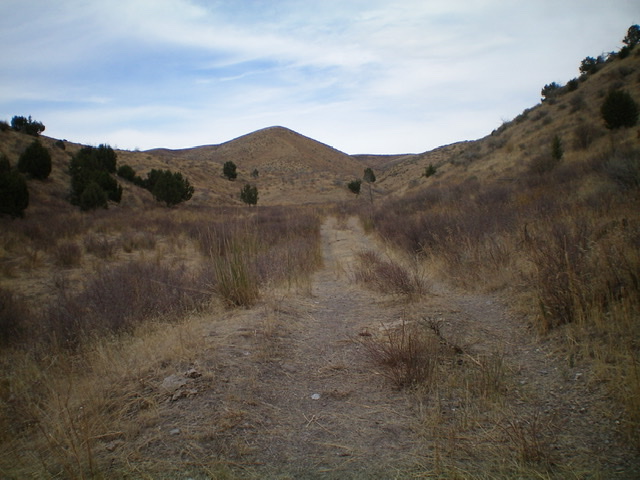 Looking north up the 2-track jeep road toward Peak 6471. Climb the grassy hump (left of center) to reach the south ridge. The summit is not visible from here. Livingston Douglas Photo 