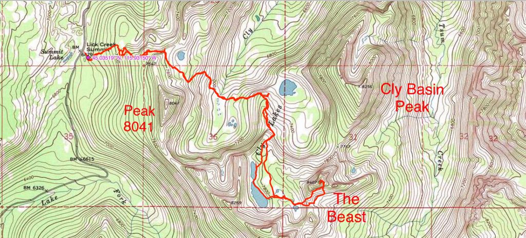 John Platt’s GPS track showing the route from Lick Creek Summit to the top of The Beast.