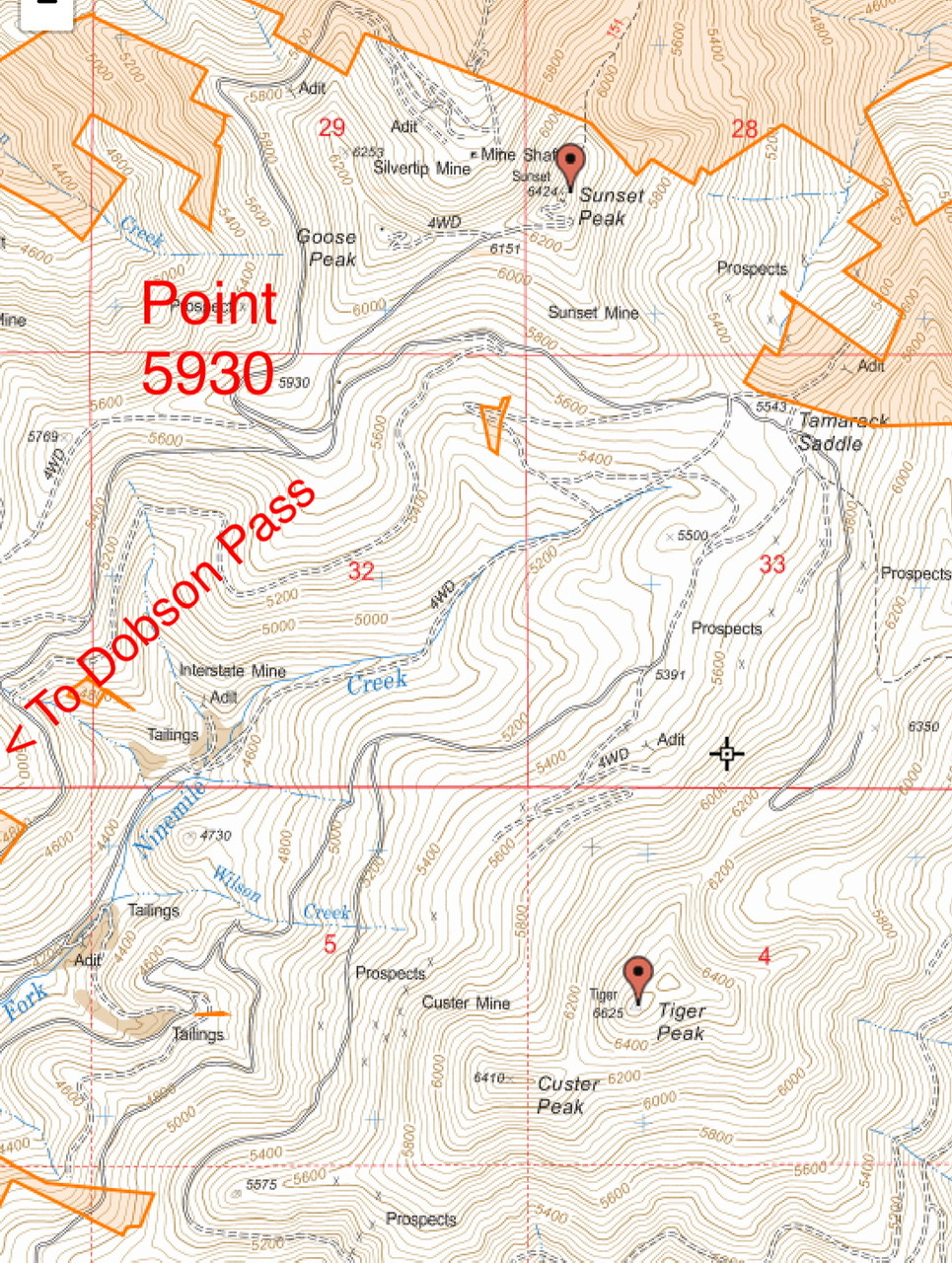 This map taken from a USFS topo, shows the driving route from Point 5930. The non-shaded area is private property.