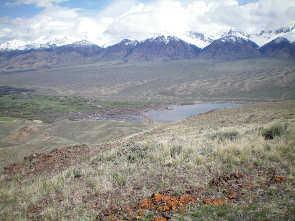 The north end of Mackay Reservoir with the braided Big Lost River feeding into it, as viewed from the summit of Dugout Hill. The beautiful, snow-capped Lost River Range is in the background. Livingston Douglas Photo 