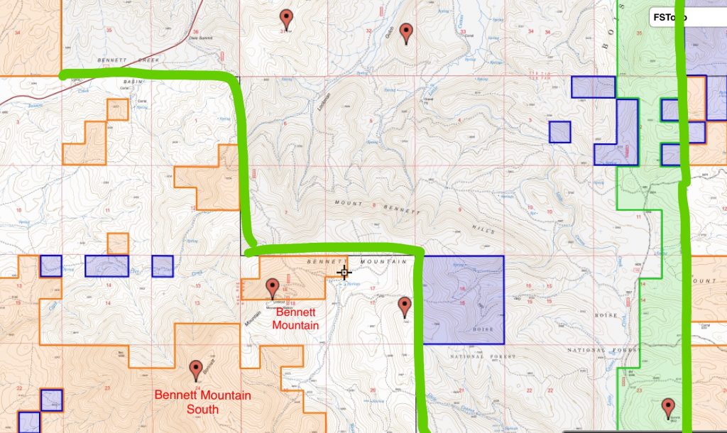 This map shows the public and private land surrounding Bennett Mountain. Interestingly, the Boise National Forest Boundary encompasses mostly private land. It would be an interesting research project to figure out how so much National Forest land ended up in private ownership.