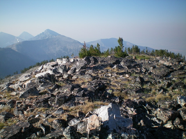The open, rocky summit area of Peak 9737, looking south. Livingston Douglas Photo 