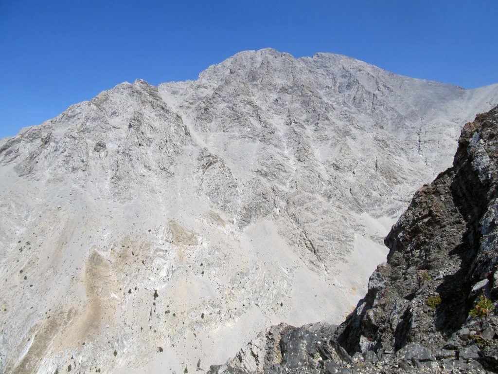 The West Face of Mount Borah. The Northwest Ridge follows the upper left skyline. The Southwest Ridge is on the right. Photo by Abram Grisham