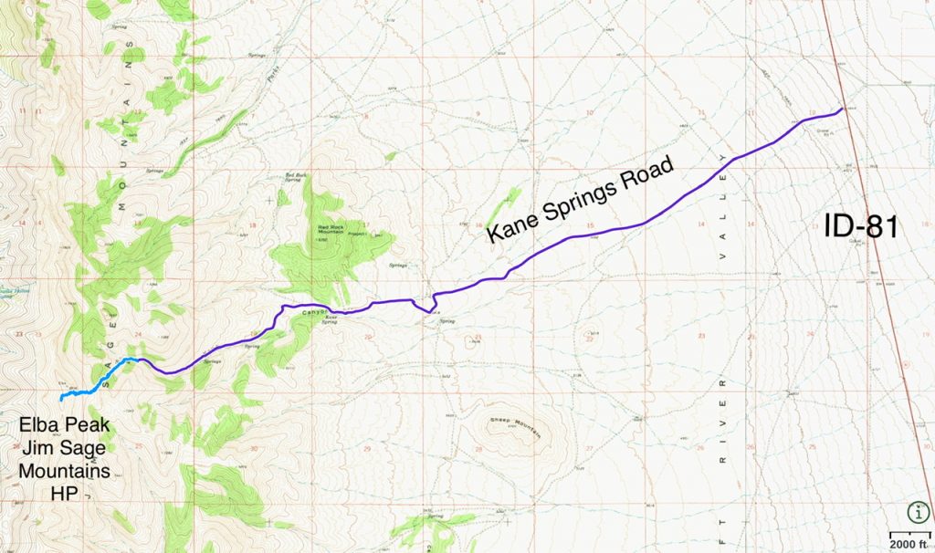 The driving route from ID-81 is shown in purple. It is 7.4 mikes with 1,930 feet of elevation gain from ID=81 to the roads end. The hiking route is shown in blue. The ascent covered 1.8 miles with 1,200 feet of elevation gain round trip.