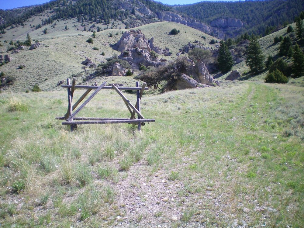 The critical juncture in Spring Canyon with the split-rail “blockade”. Go around the blockade and continue hiking up the left/main fork here. Livingston Douglas Photo 