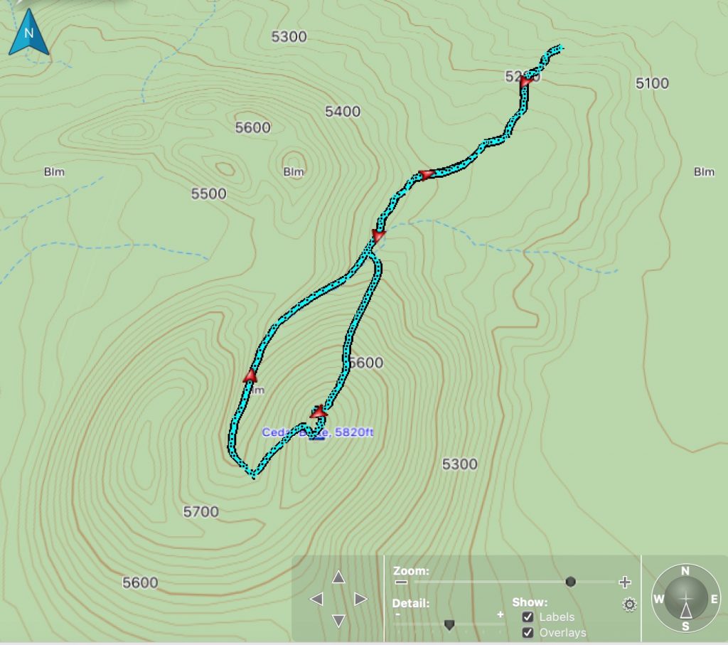 Climbing track on a topo map. 