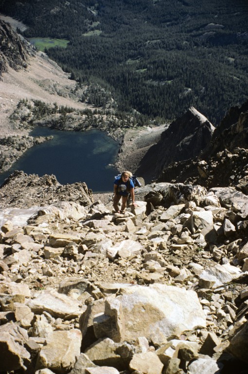 Dana Hansen climbing the Big Gully Route on Castle Peak.