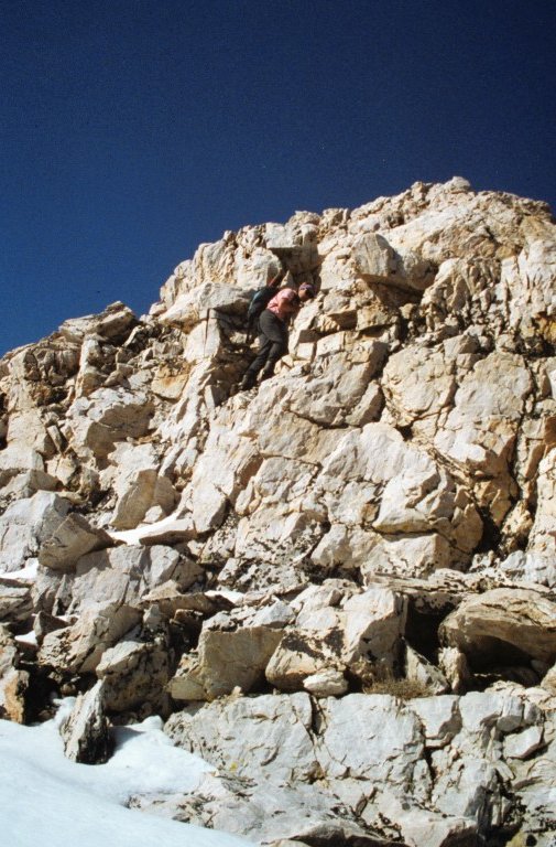 Dana Hansen climbing the south rib route on Peak 11967.