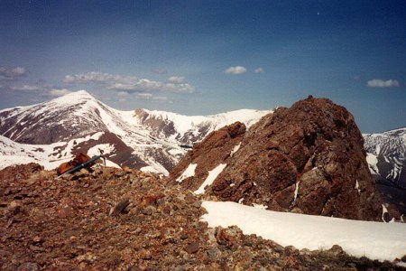 The summit of Cobble Mountain. The rocky summit of Cobble Mountain is on the right of this photo. The peaks in the background are located in Montana's Tendoy Range. Rick Baugher Photo
