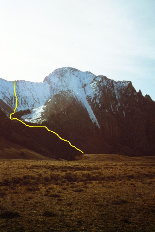 This shot shows the approximate line I climbed on Corruption. From the top of the ridge cross over to the summit block and then work your way up the ridge. See the book for the details.