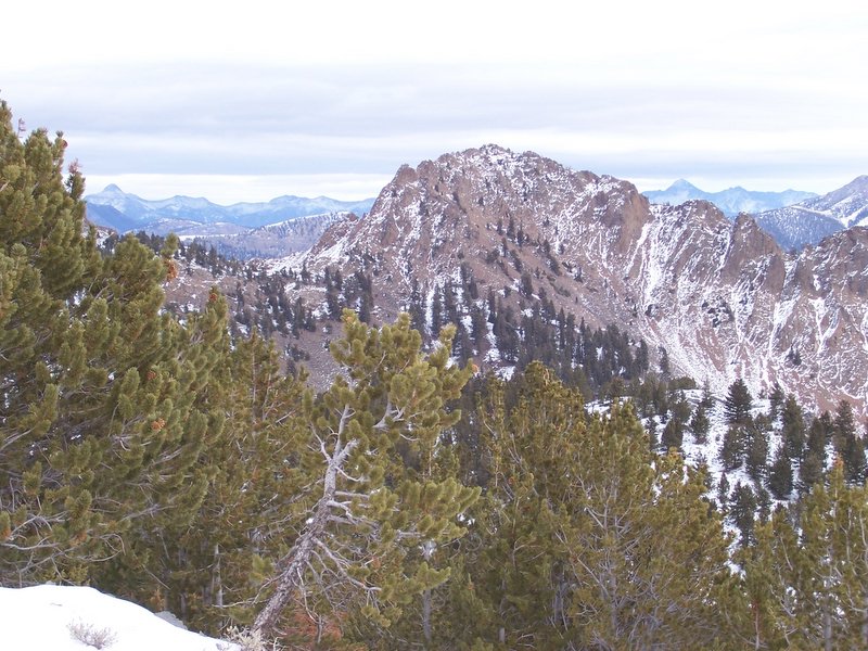 View NW to Crows Nest Peak el 9524' (prominence 384') which is actually a southeast spur of Invisible Mountain. Framed on the horizon is the Lemhi Range. Bell Mountain on left, and Diamond Peak right. 11/20/06. Rick Baugher Photo.