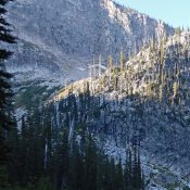 The north face of Snowlide Peak. The V-climbed by Troutner and Whitman is just right of center. John Platt Photo