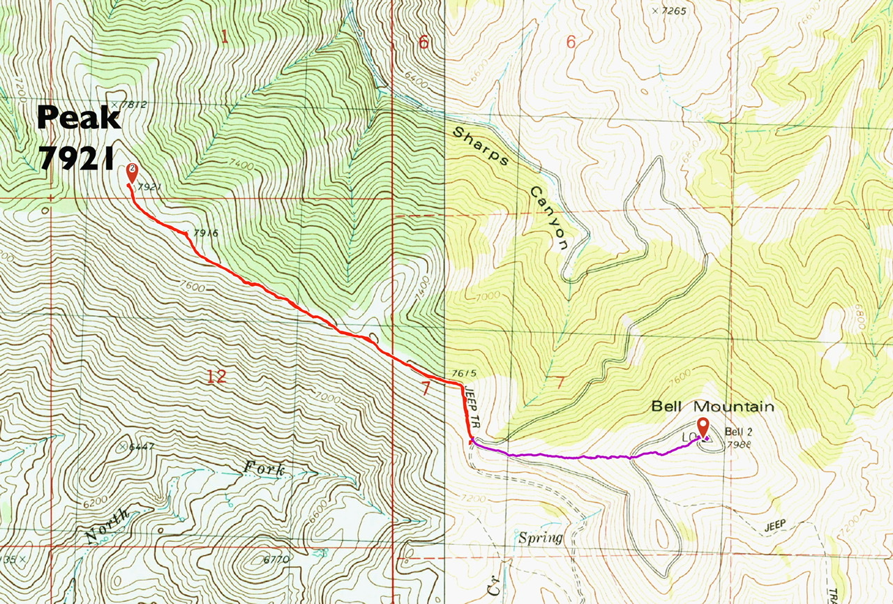 The southeast ridge route is shown in red. Round trip is 2.65 miles with 450 feet of elevation gain.