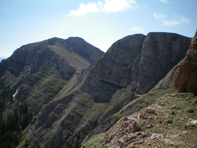 Looking back at The Knuckle (the ridgeline left of center) from the base of The Thumb. Point 9787 is the rocky outcrop right of center. Livingston Douglas Photo 