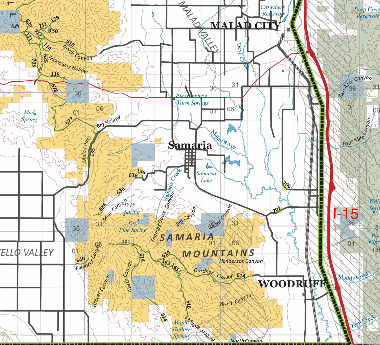 This BLM overview map shows the road system. BLM 614, a 4WD road, is the primary route through the range. It is accessible from the east and the south.