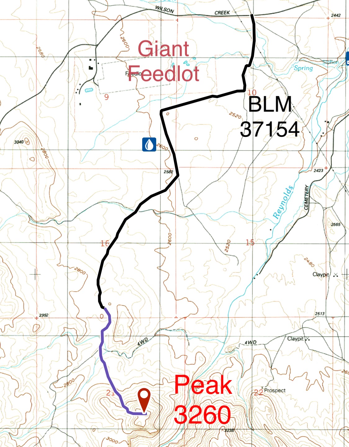 BLM 37154 is shown in black. The road is rough in spots and deeply rutted in places. It is roughly 3.0 miles to the base of the peak. The road is perfect for a mountain bike approach.