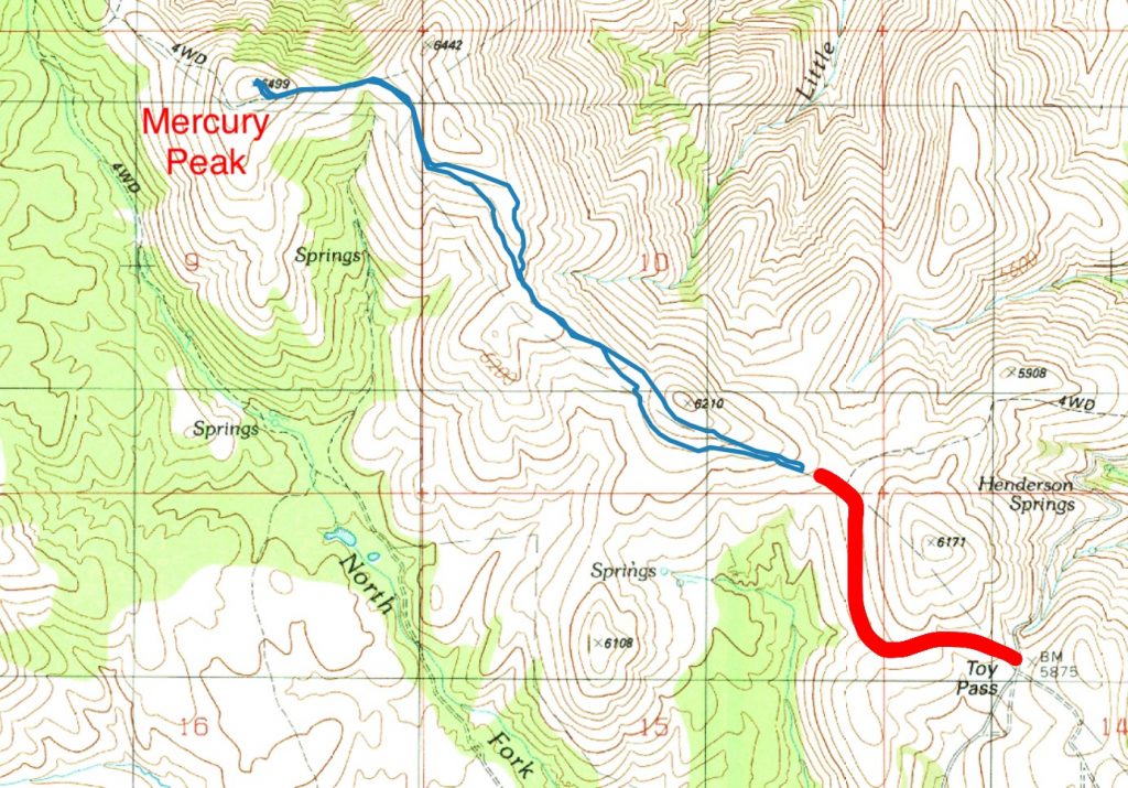 The 4WD/ATV road is not shown on the the Toy Pass Quadrangle. It is the red line on this map. My GPS track is in blue. 