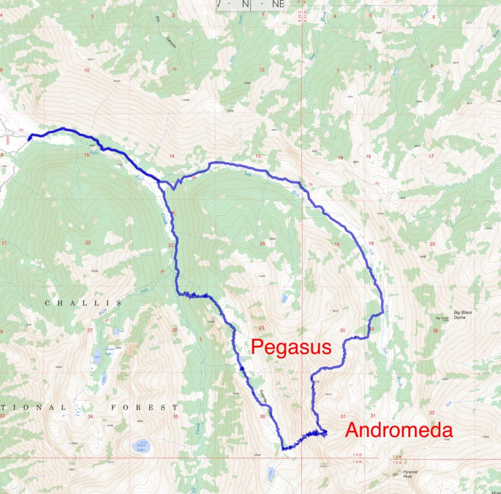 Derek Percoski GPS track for his traverse of Andromeda and Pegasus. This loop entails 7.5 miles one way and 4700’ gain.