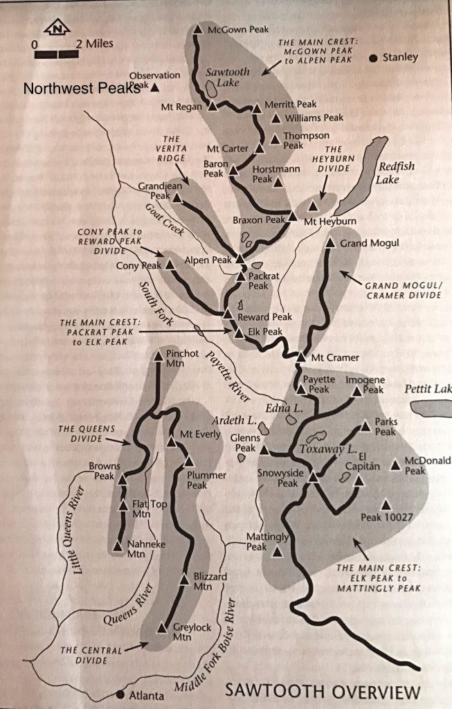 For orientation purposes the book divided the range into nine section. In the website I have added a 10th section—Northwest Peaks. These sections are shown on this map. You can search for peaks in each section by using the links on the Mountain Ranges page.