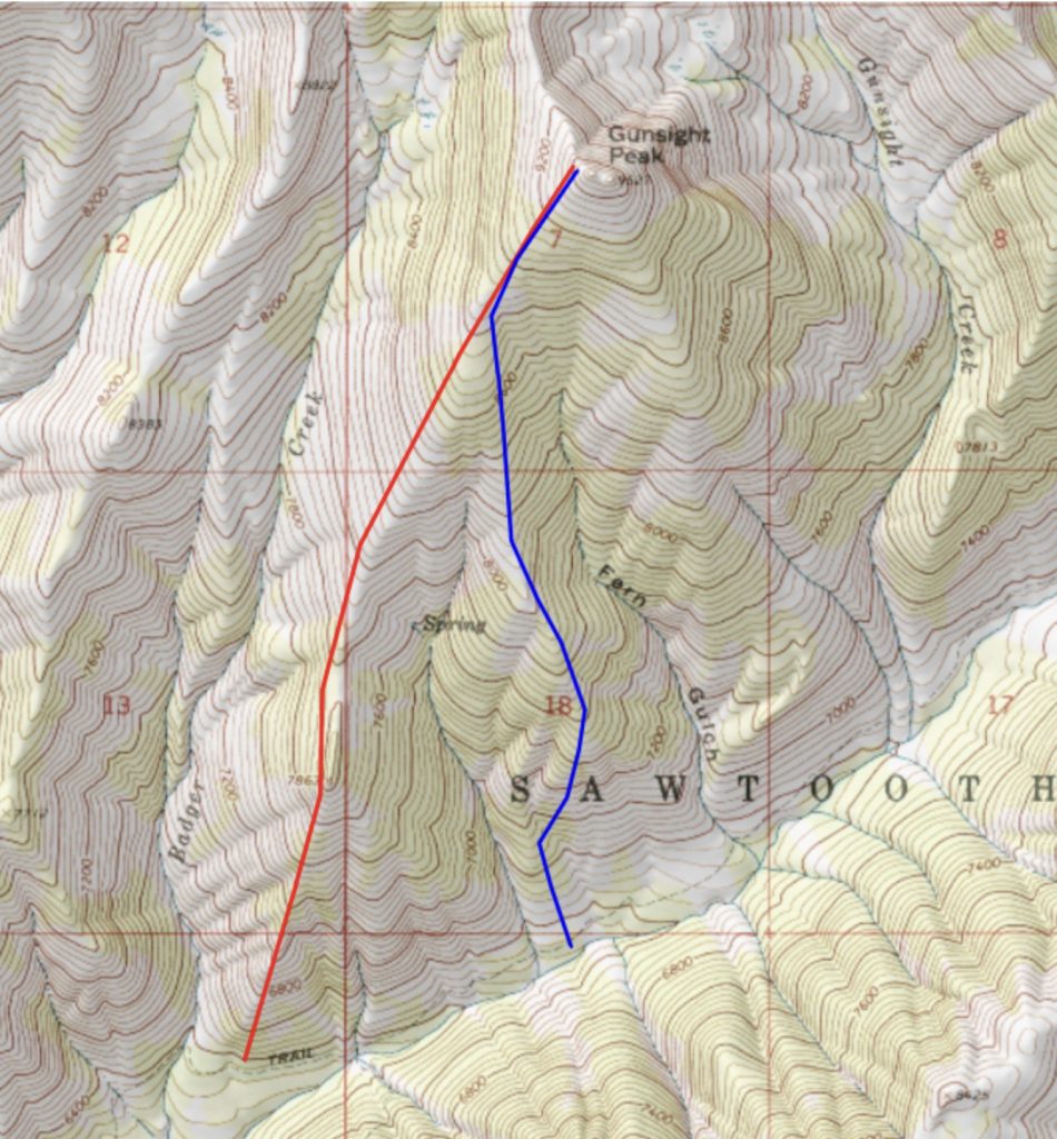 Eric’s routes up and down the peak from Willow Creek.