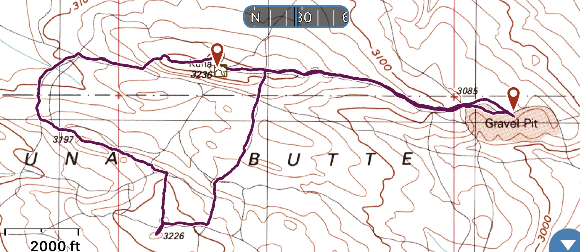 This is a GPS track of a 4.0 mile December 2017 hike which demonstrates that you can put in some decent miles hiking around the butte’s slopes.