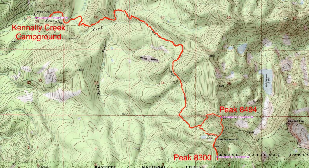 John Platt’s GPS track for climbing Peaks 8494 and 8300 (12.9 miles with 3,737 feet of gain round trip).