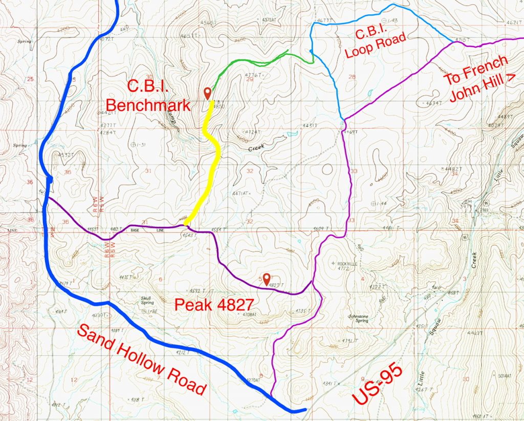 This map shows the two recommended routes and the access roads. The north route is the green line. The south route is the yellow line.