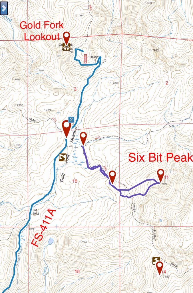 FST-4150 actually starts as a rough road which leads to a junction where FST-4150 and FST-4115 split. This map also shows my GPS track for Sox Bit Peak.